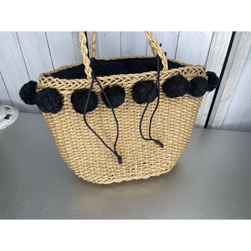 LUCKY BRAND Straw Woven Bag Shoulder Bag Straw Pom Accent Cinch Closure